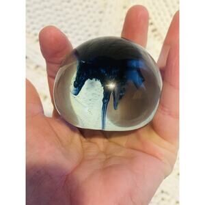 Handblown Art Glass blue ink-like inclusions suspended clear glass Paperweight